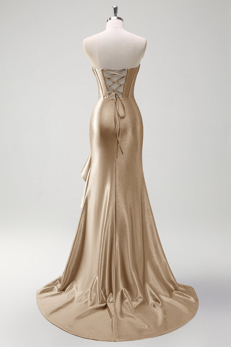 Laden Sie das Bild in den Galerie-Viewer, Glitzer Schwarz Korsett Satin Lange Abendkleid mit Rüschen Schlitz