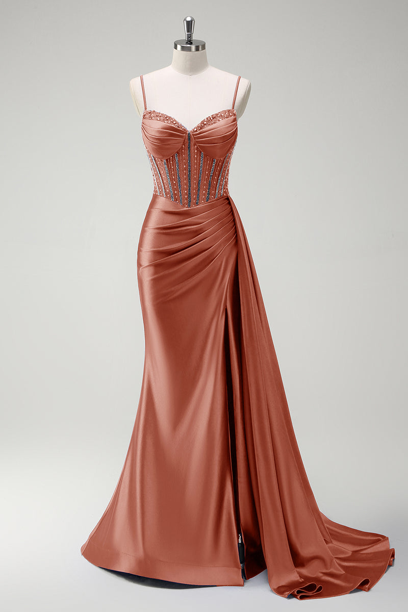 Laden Sie das Bild in den Galerie-Viewer, Glitzer Königsblau Korsett Meerjungfrau Lange Satin Abendkleid mit Schlitz