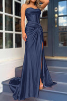 Laden Sie das Bild in den Galerie-Viewer, Orange Meerjungfrau Gerafftes Lang Korsett Abendkleid Mit Schlitz