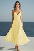 Laden Sie das Bild in den Galerie-Viewer, Elfenbein A Linie Spaghettiträger Boho Maxi Standesamtkleid