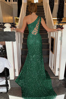 Laden Sie das Bild in den Galerie-Viewer, Etui Ein-Schulter Weiß Pailletten langes Abendkleid mit Frontschlitz