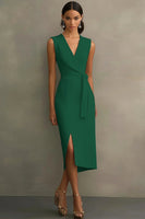 Laden Sie das Bild in den Galerie-Viewer, Weiß Bodycon Satin V Ausschnitt Mid Calf Semi Formelle Kleid mit Schlitz