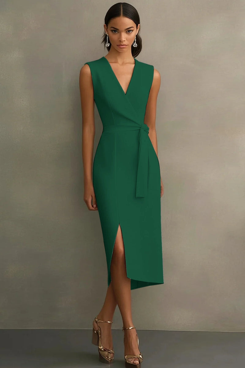 Laden Sie das Bild in den Galerie-Viewer, Weiß Bodycon Satin V Ausschnitt Mid Calf Semi Formelle Kleid mit Schlitz