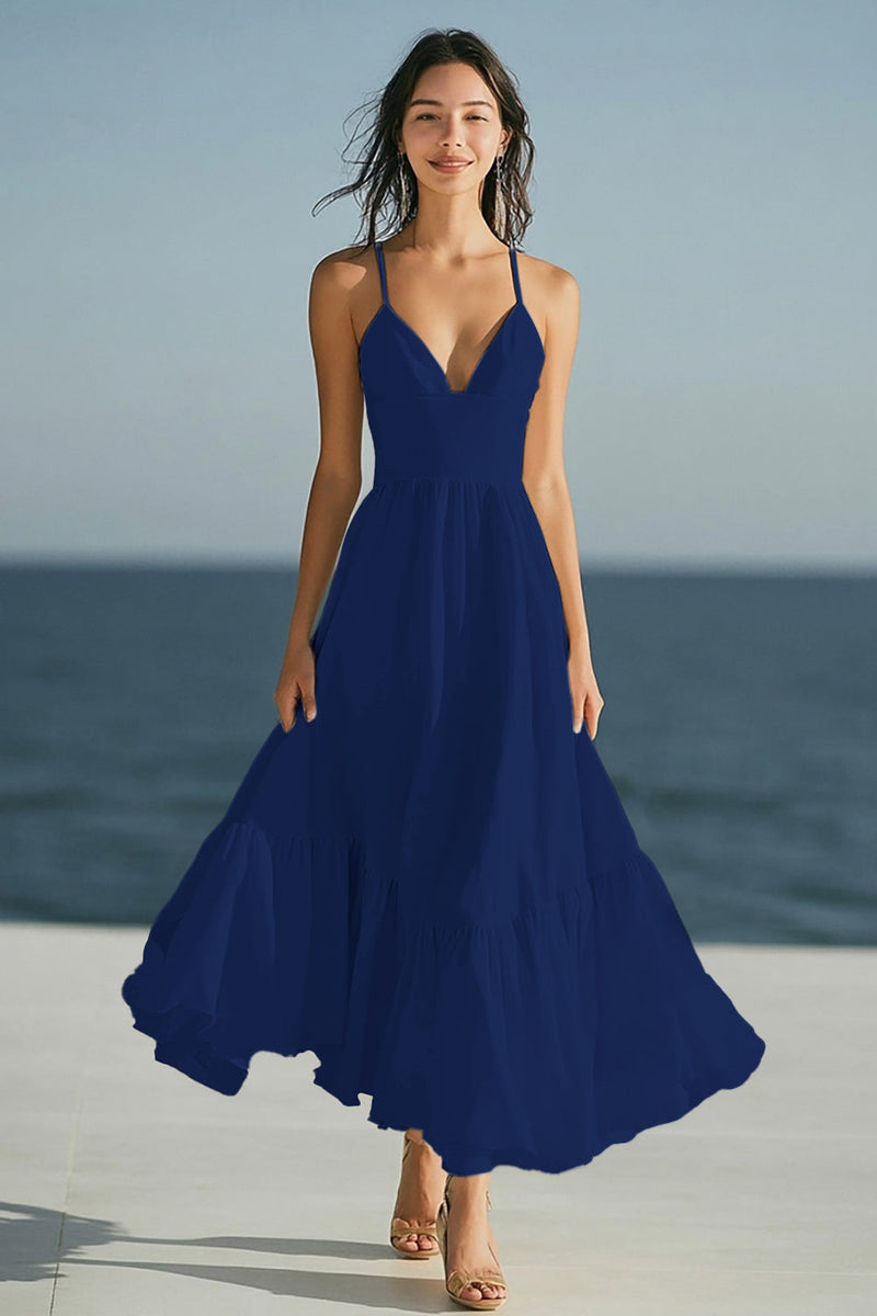 Laden Sie das Bild in den Galerie-Viewer, Elfenbein A Linie Spaghettiträger Boho Maxi Standesamtkleid