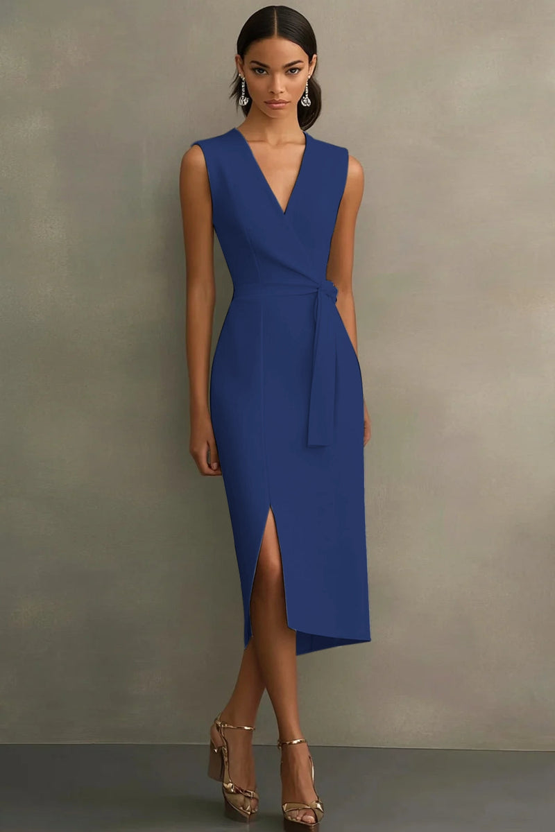 Laden Sie das Bild in den Galerie-Viewer, Weiß Bodycon Satin V Ausschnitt Mid Calf Semi Formelle Kleid mit Schlitz