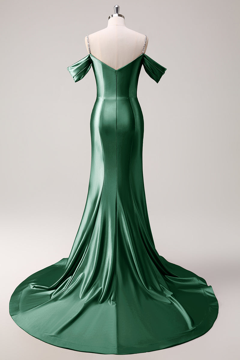 Laden Sie das Bild in den Galerie-Viewer, Glitzer Erröten Satin Schulterfrei Lange Abendkleid