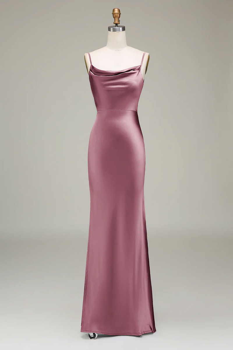 Laden Sie das Bild in den Galerie-Viewer, Staubblaues Etui Spaghettiträger Satin Lange Brautjungfernkleid