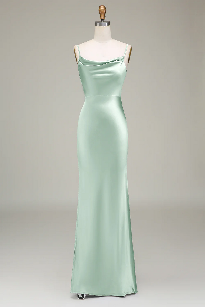 Laden Sie das Bild in den Galerie-Viewer, Staubblaues Etui Spaghettiträger Satin Lange Brautjungfernkleid