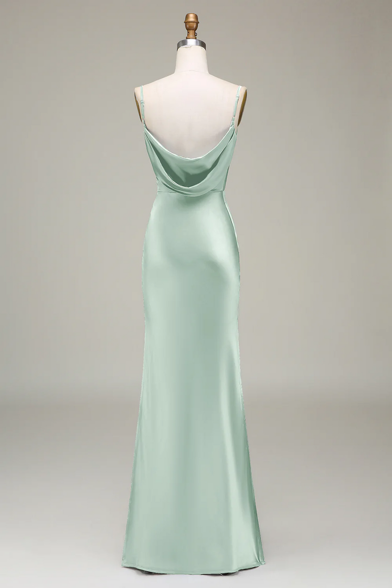 Laden Sie das Bild in den Galerie-Viewer, Staubblaues Etui Spaghettiträger Satin Lange Brautjungfernkleid