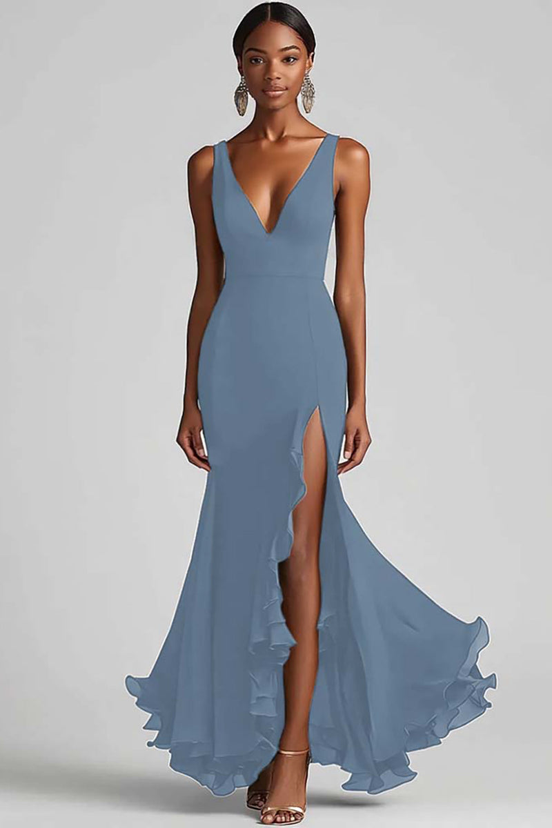 Laden Sie das Bild in den Galerie-Viewer, Schwarz Chiffon Meerjungfrau V Ausschnitt Lange Formelle Kleid mit Schlitz