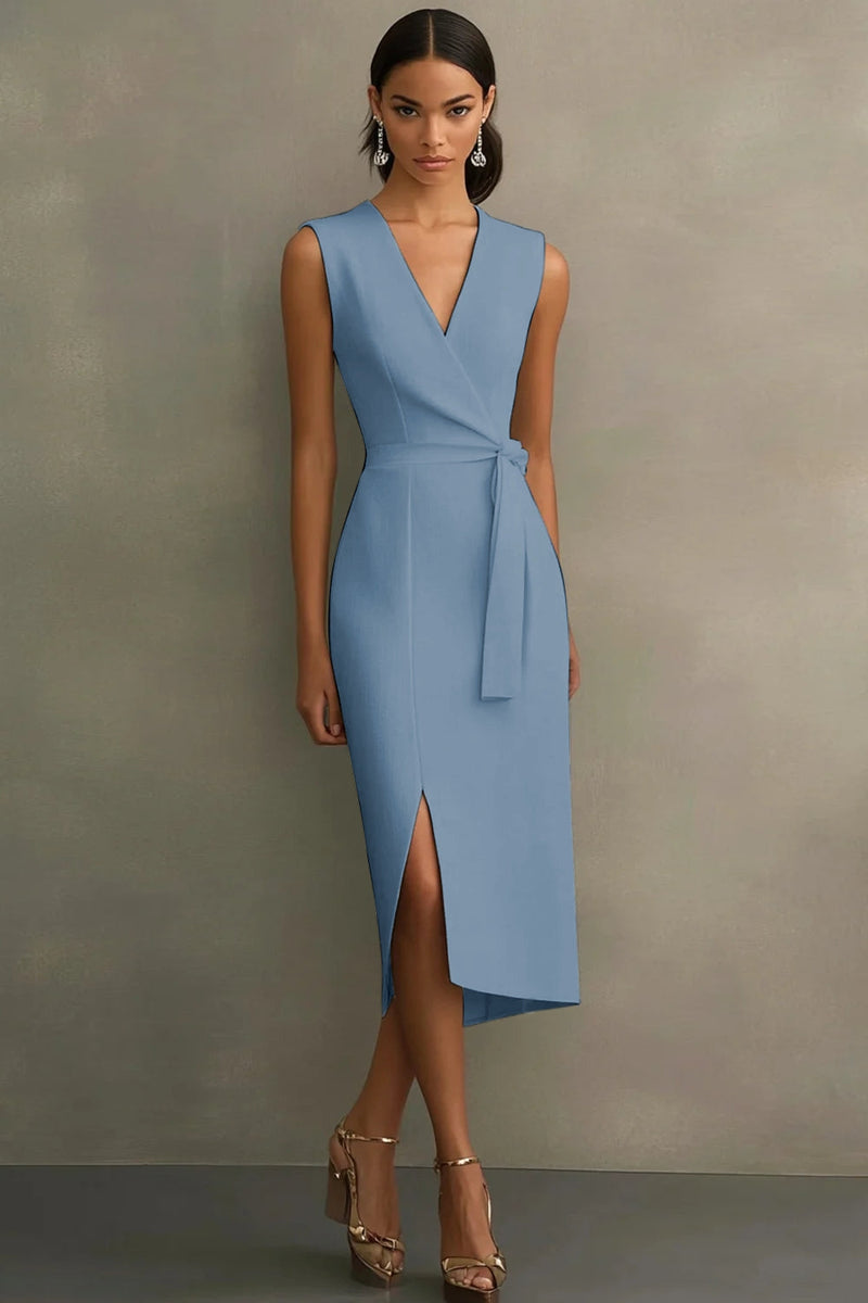 Laden Sie das Bild in den Galerie-Viewer, Weiß Bodycon Satin V Ausschnitt Mid Calf Semi Formelle Kleid mit Schlitz