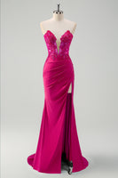 Laden Sie das Bild in den Galerie-Viewer, Glitzer Grün Meerjungfrau Trägerlos Korset Lange Abendkleid mit Schlitz