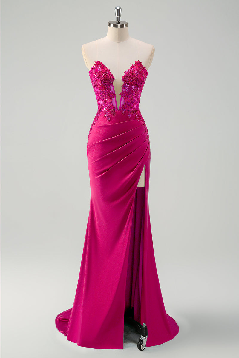 Laden Sie das Bild in den Galerie-Viewer, Glitzer Grün Meerjungfrau Trägerlos Korset Lange Abendkleid mit Schlitz