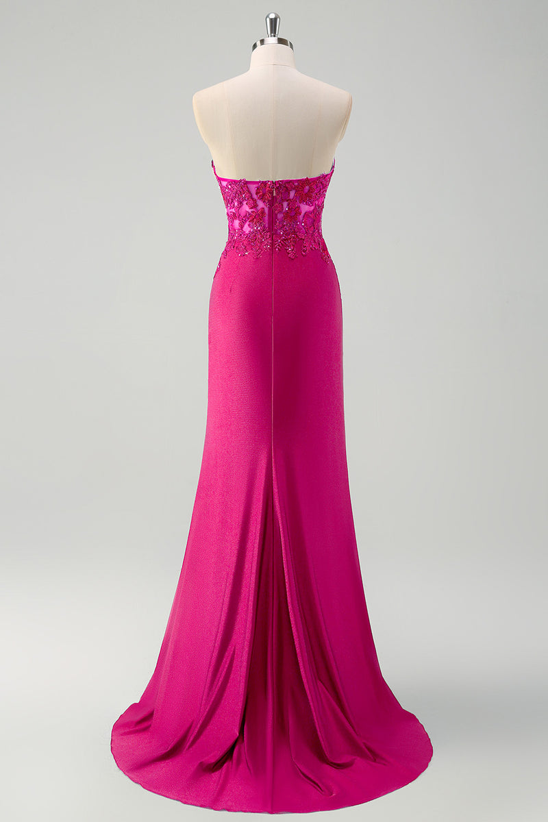 Laden Sie das Bild in den Galerie-Viewer, Glitzer Grün Meerjungfrau Trägerlos Korset Lange Abendkleid mit Schlitz