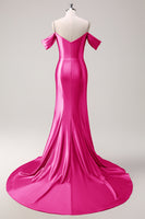 Laden Sie das Bild in den Galerie-Viewer, Glitzer Fuchsia Meerjungfrau Schulterfrei Lange Satin Abendkleid