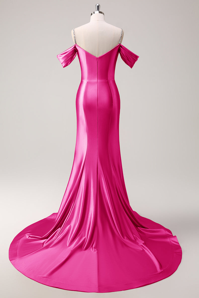 Laden Sie das Bild in den Galerie-Viewer, Glitzer Fuchsia Meerjungfrau Schulterfrei Lange Satin Abendkleid
