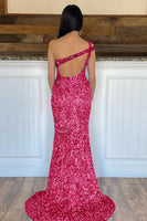 Laden Sie das Bild in den Galerie-Viewer, Meerjungfrau Ein-Schulter Dunkelgrünes Pailletten Abendkleid