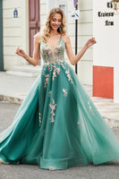 Laden Sie das Bild in den Galerie-Viewer, Glitzergrünes Spaghettiträger-Kleid in A-Linie Langes Ballkleid mit funkelnden Paillettenapplikationen