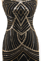 Laden Sie das Bild in den Galerie-Viewer, Schwarz Gold Bodycon Spaghettiträger Pailletten 20er Jahre Kleid