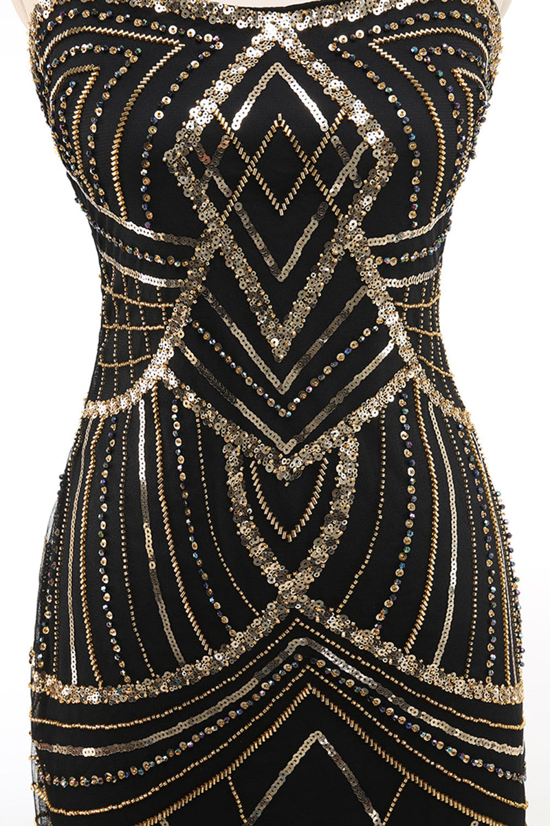 Laden Sie das Bild in den Galerie-Viewer, Schwarz Gold Bodycon Spaghettiträger Pailletten 20er Jahre Kleid