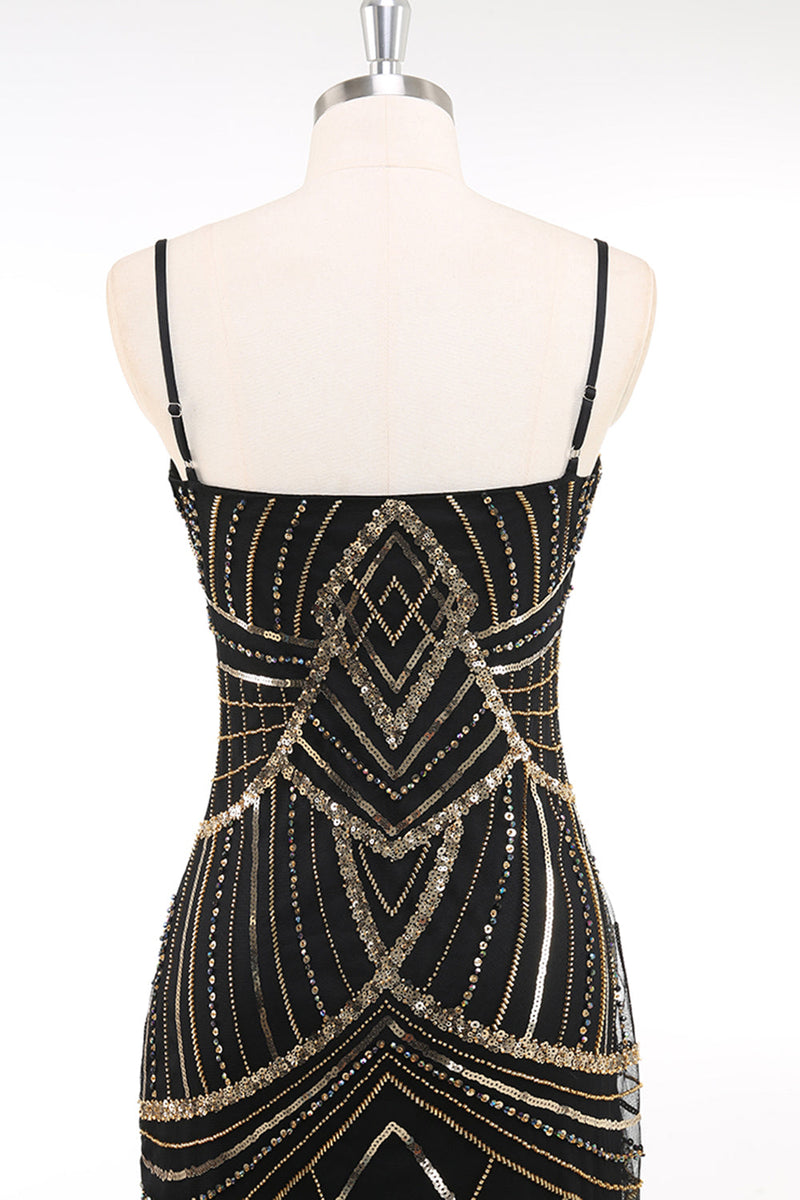 Laden Sie das Bild in den Galerie-Viewer, Schwarz Gold Bodycon Spaghettiträger Pailletten 20er Jahre Kleid