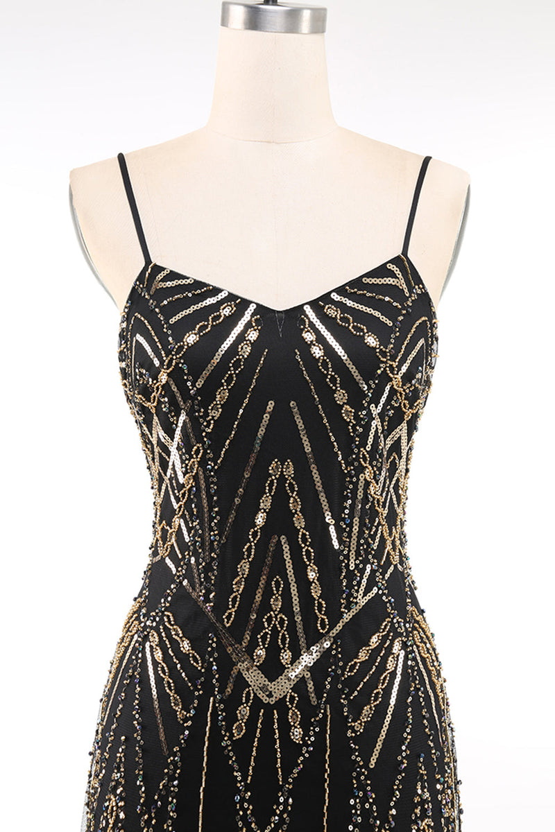 Laden Sie das Bild in den Galerie-Viewer, Glitzernd Schwarz Gold Bodycon Pailletten Kurz 20er Jahre Kleid