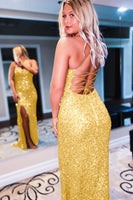 Laden Sie das Bild in den Galerie-Viewer, Glitzerndes Königsblaues Rückenfreies Pailletten Abendkleid mit Schlitz