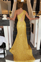 Laden Sie das Bild in den Galerie-Viewer, Etui Ein-Schulter Dunkelblaues Pailletten Abendkleid mit Frontschlitz