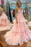 Laden Sie das Bild in den Galerie-Viewer, Beige Langes Spaghettiträgern Tüll gestufte Ballkleid mit Schlitz