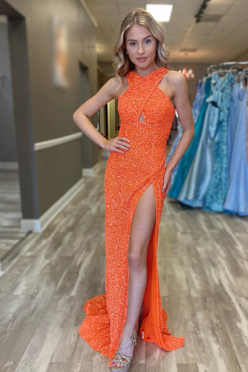 Laden Sie das Bild in den Galerie-Viewer, Königsblau V-Ausschnitt Rückenfreies Pailletten Lang Abendkleid Mit Schlitz