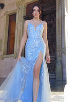 Laden Sie das Bild in den Galerie-Viewer, Blaues Tüll-Meerjungfrauen Spaghettiträger Ballkleid mit Perlen