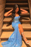 Laden Sie das Bild in den Galerie-Viewer, Blaues Spaghettiträger Glitzerndes Korsett Ballkleid mit Schlitz