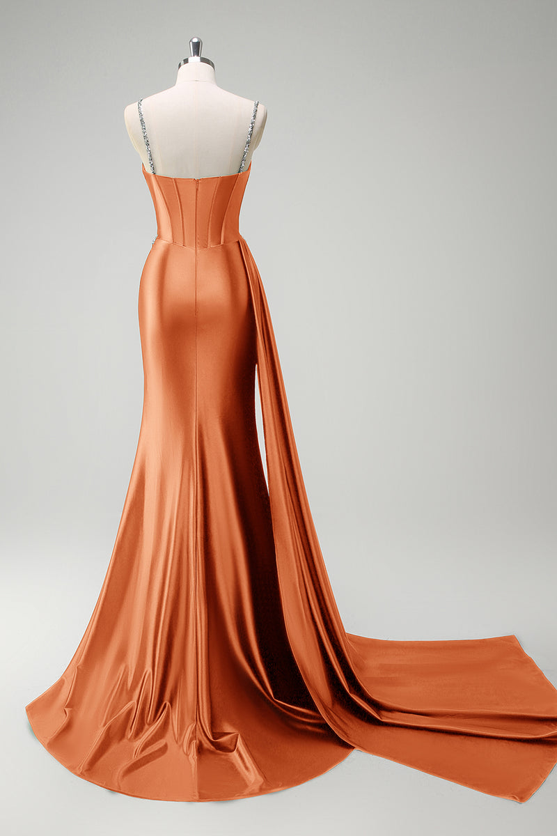 Laden Sie das Bild in den Galerie-Viewer, Glitzer Salbei Spaghettiträger Korsett Lange Abendkleid mit Schlitz