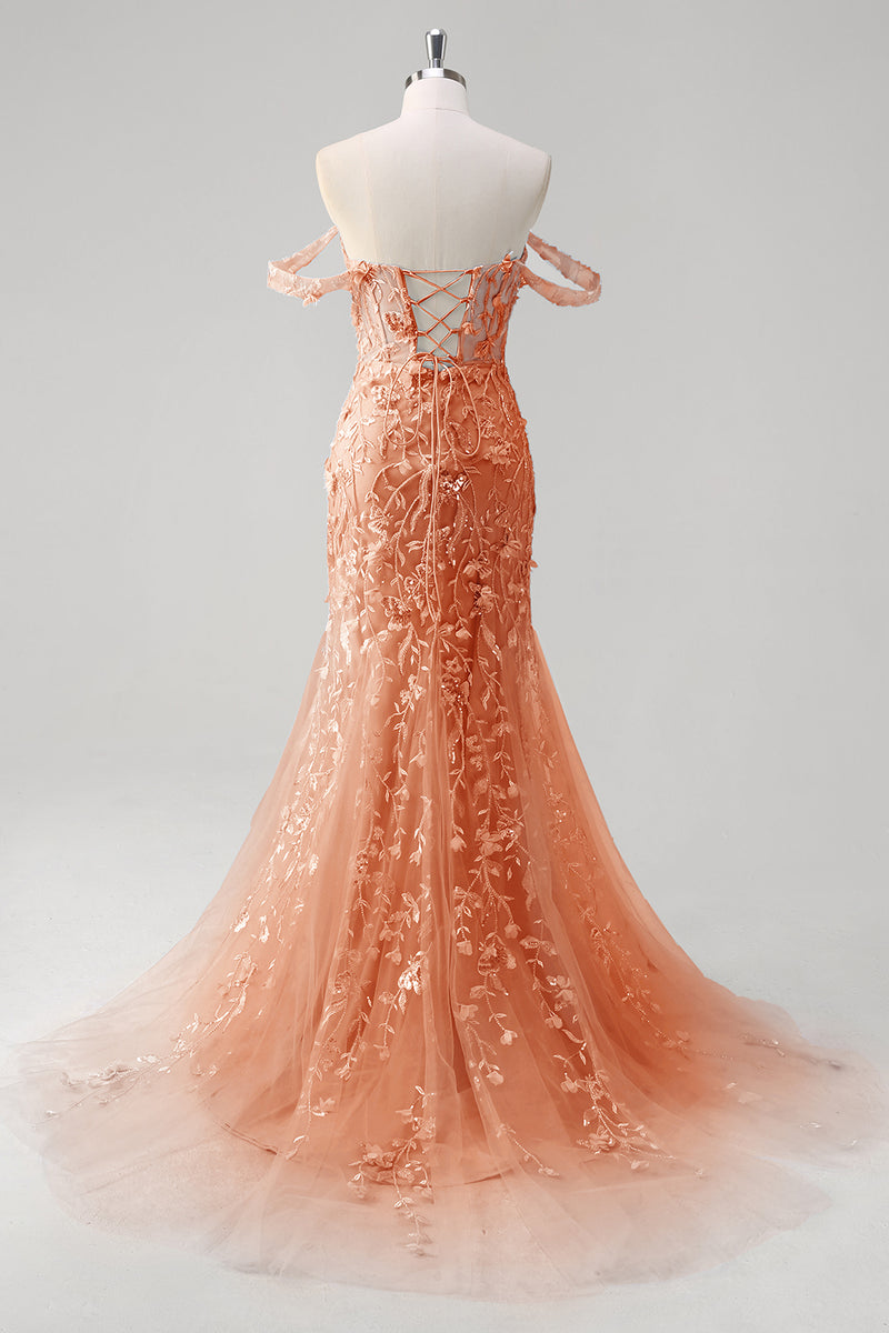 Laden Sie das Bild in den Galerie-Viewer, Blumen Blau Schulterfreie Korsett Lange Abendkleid mit Applikationen