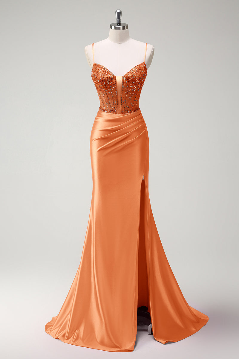 Laden Sie das Bild in den Galerie-Viewer, Glitzer Königsblau Korsett Perlen Lange Abendkleid it Schlitz