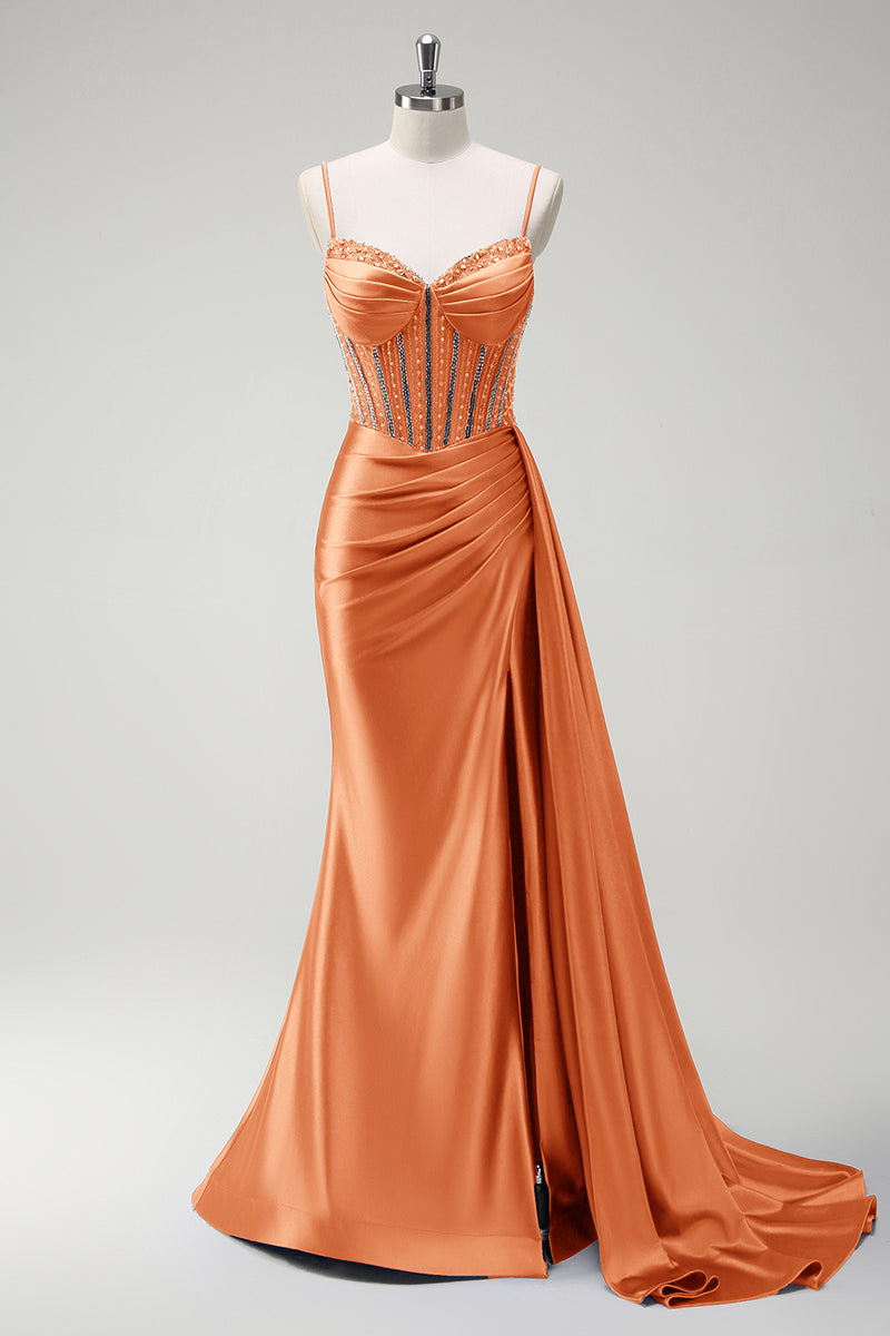 Laden Sie das Bild in den Galerie-Viewer, Glitzer Lila Korsett Meerjungfrau Lange Satin Abendkleid mit Schlitz