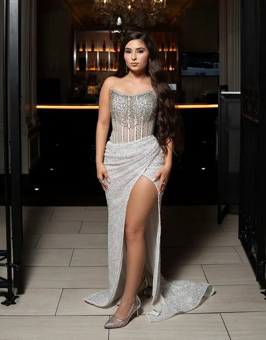 Laden Sie das Bild in den Galerie-Viewer, Glitzer Königsblau Meerjungfrau Trägerlos Langes Abendkleid mit Schlitz