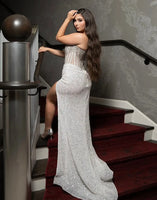 Laden Sie das Bild in den Galerie-Viewer, Glitzer Blau Trägerloses Meerjungfrau Langes Ballkleid mit Schlitz