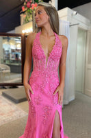 Laden Sie das Bild in den Galerie-Viewer, Hellblau Neckholder Meerjungfrau Illusion Lang Abendkleider mit Applikationen