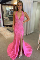 Laden Sie das Bild in den Galerie-Viewer, Hellblau Neckholder Meerjungfrau Illusion Lang Abendkleider mit Applikationen