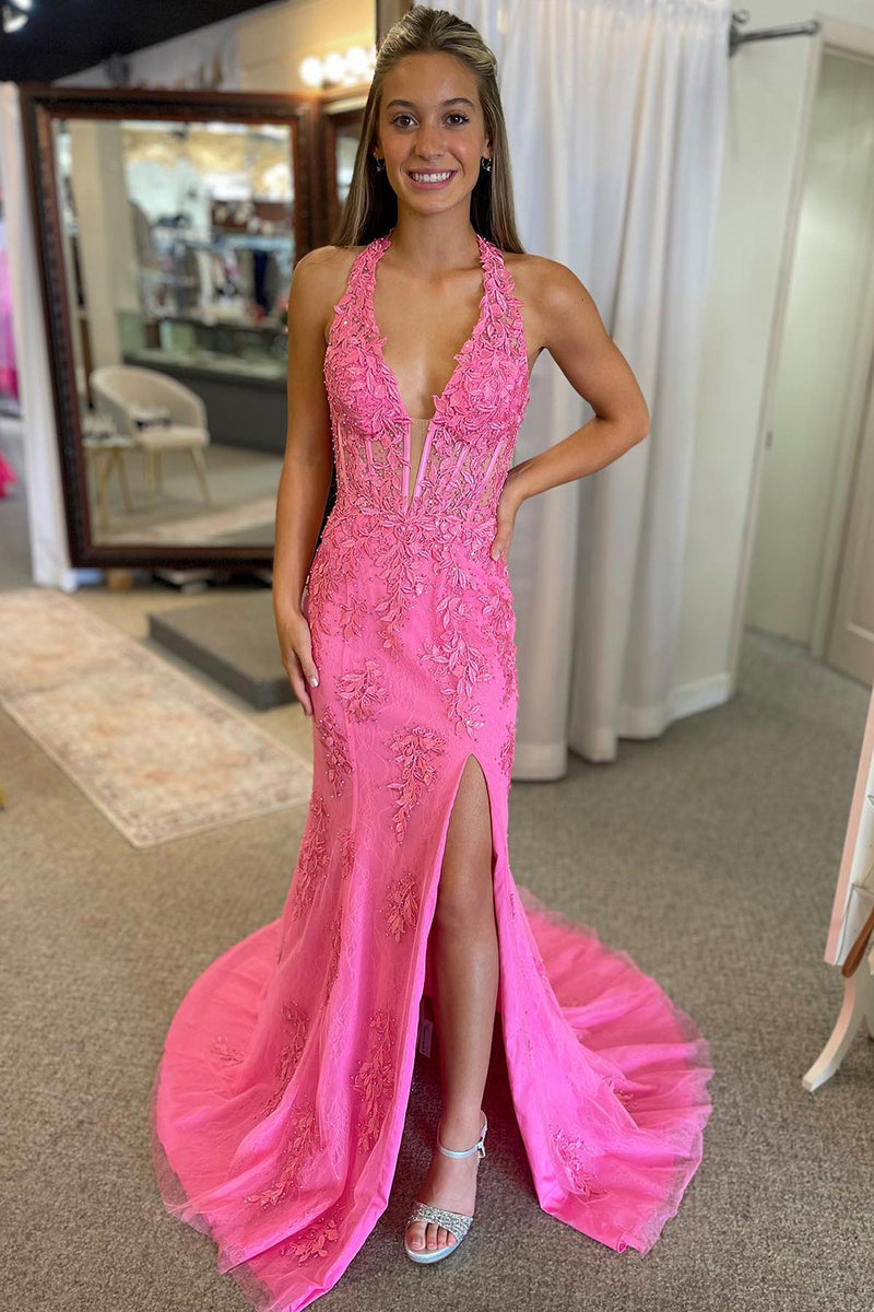 Laden Sie das Bild in den Galerie-Viewer, Hellblau Neckholder Meerjungfrau Illusion Lang Abendkleider mit Applikationen