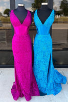 Laden Sie das Bild in den Galerie-Viewer, Blau Spaghettiträger Meerjungfrau Korsett Lang Abendkleider mit Schlitz