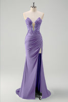 Laden Sie das Bild in den Galerie-Viewer, Glitzer Grün Meerjungfrau Trägerlos Korset Lange Abendkleid mit Schlitz