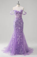 Laden Sie das Bild in den Galerie-Viewer, Blumen Blau Schulterfreie Korsett Lange Abendkleid mit Applikationen