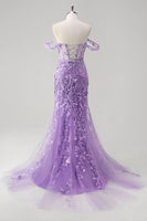 Laden Sie das Bild in den Galerie-Viewer, Blumen Blau Schulterfreie Korsett Lange Abendkleid mit Applikationen