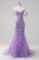 Laden Sie das Bild in den Galerie-Viewer, Blau Meerjungfrau Schulterfrei Korsett Langes Ballkleid mit Rücken Schnürung