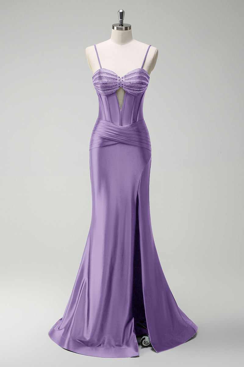 Laden Sie das Bild in den Galerie-Viewer, Glitzer Orange Korsett Meerjungfrau Lange Satin Abendkleid mit Schlitz