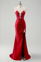 Laden Sie das Bild in den Galerie-Viewer, Glitzer Grün Meerjungfrau Trägerlos Korset Lange Abendkleid mit Schlitz