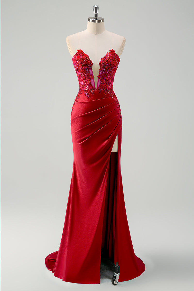 Laden Sie das Bild in den Galerie-Viewer, Glitzer Grün Meerjungfrau Trägerlos Korset Lange Abendkleid mit Schlitz