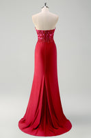 Laden Sie das Bild in den Galerie-Viewer, Glitzer Grün Meerjungfrau Trägerlos Korset Lange Abendkleid mit Schlitz